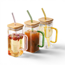Load image into Gallery viewer, 400ml Glass Heat Resistant Square Glass Cup with Lid and Straw Transparent Juice Glass
